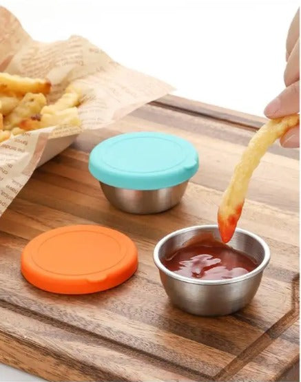 Set of 3 pcs 50mL Stainless Steel Round Mini Dip Sauce Containers with Silicone Lid
