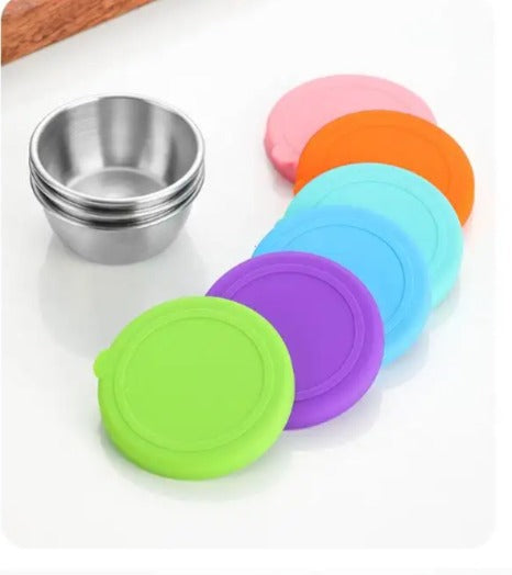 Set of 3 pcs 50mL Stainless Steel Round Mini Dip Sauce Containers with Silicone Lid