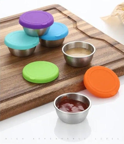 Set of 3 pcs 50mL Stainless Steel Round Mini Dip Sauce Containers with Silicone Lid